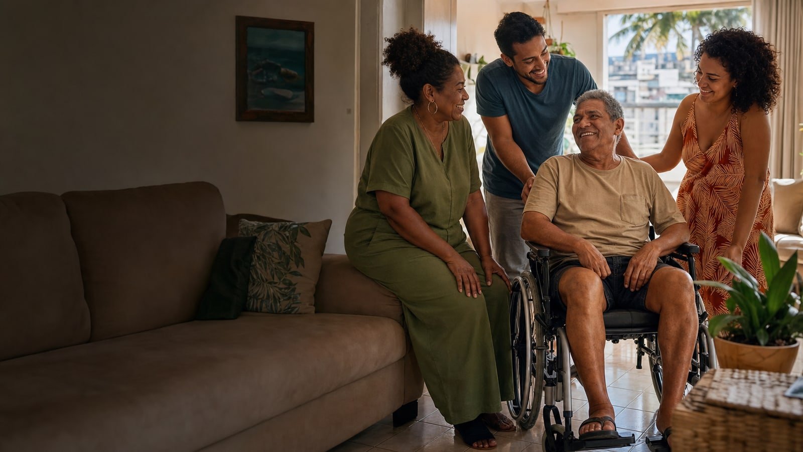 Família brasileira sorrindo em casa ao lado de uma pessoa usando cadeira de rodas
