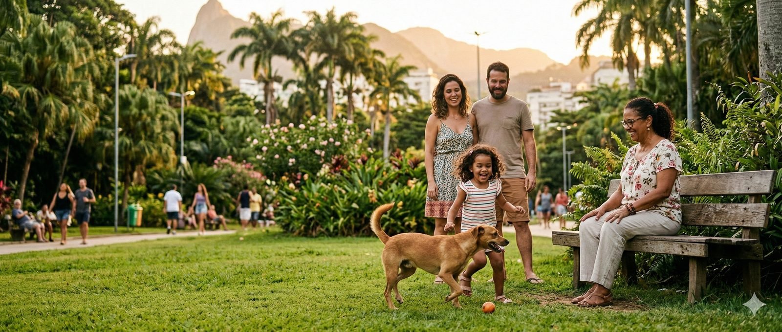 Família feliz em parque tropical com cachorro, transmitindo bem-estar e cuidado entre gerações